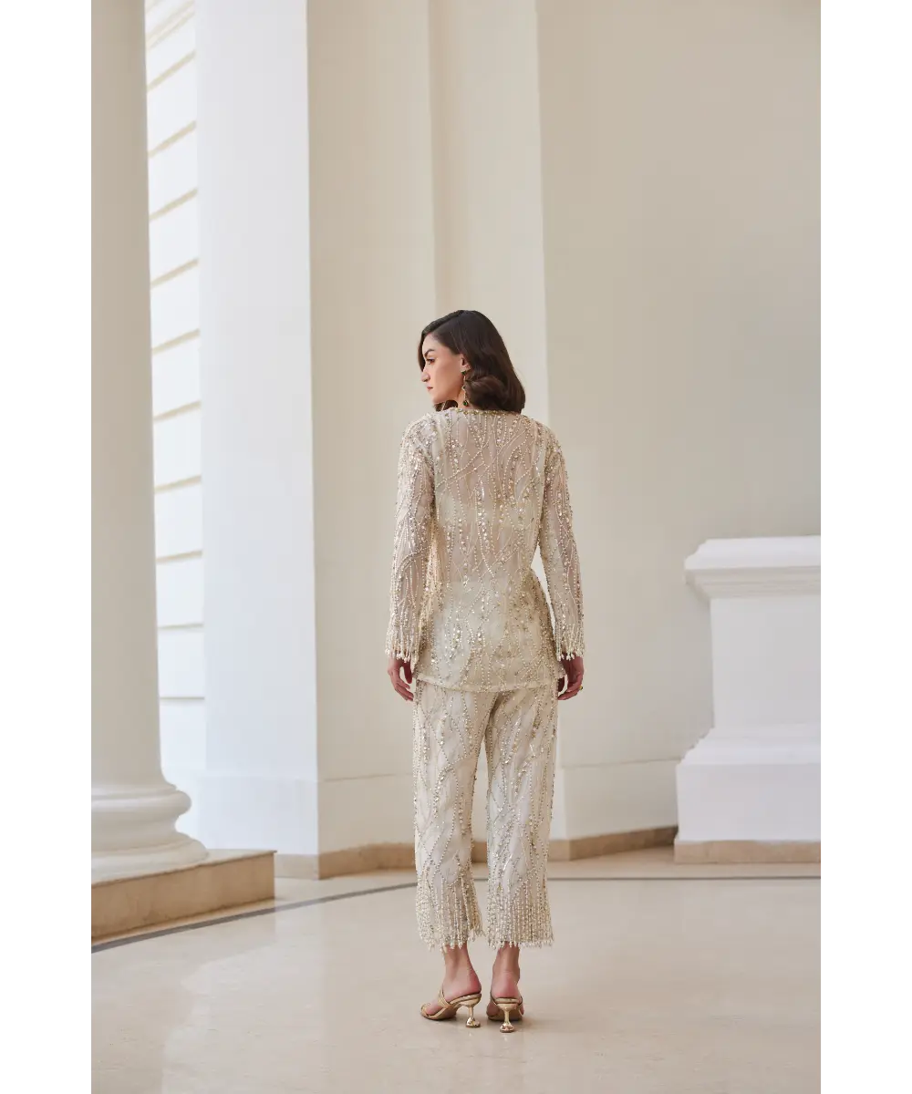 Sanya Gulati - Pearl White Organza Pant Suit