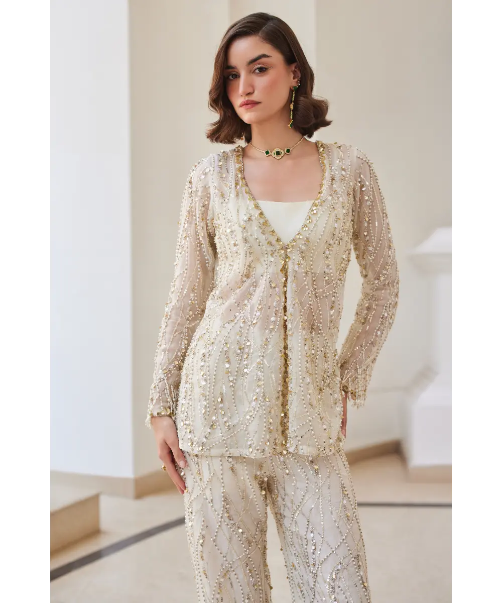 Sanya Gulati - Pearl White Organza Pant Suit