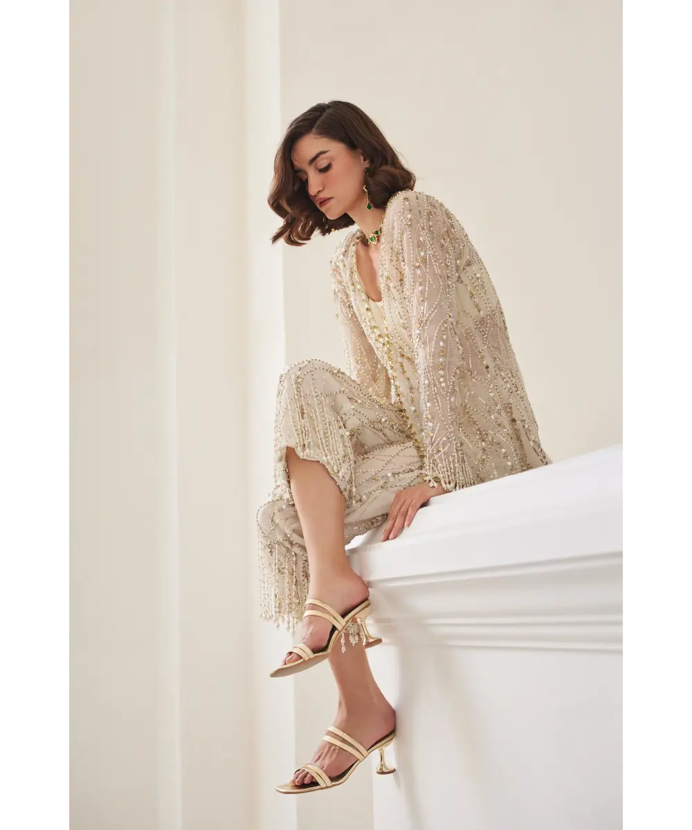 Sanya Gulati - Pearl White Organza Pant Suit