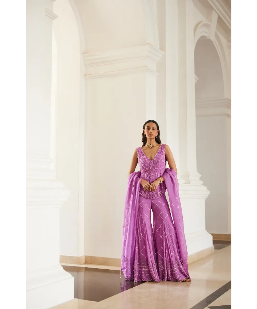 SANYA GULATI- Bubblegum Pink Tonal  Peplum Sharara