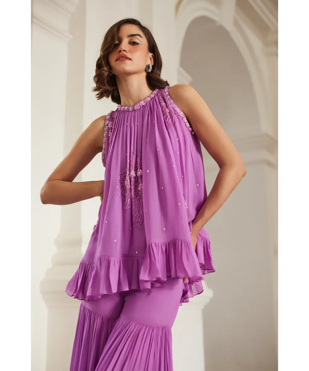 Sanya Gulati - Bubblegum Pink Halterneck Top Sharara