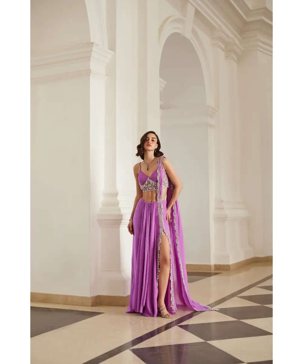 SANYA GULATI- Bubblegum Pink Corset Slit Saree