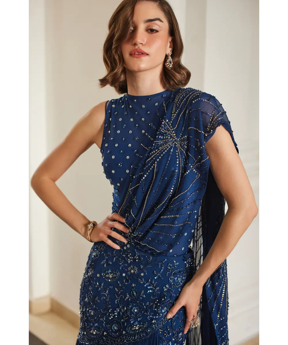 SANYA GULATI - Teal Blue Saree With Bodysuit