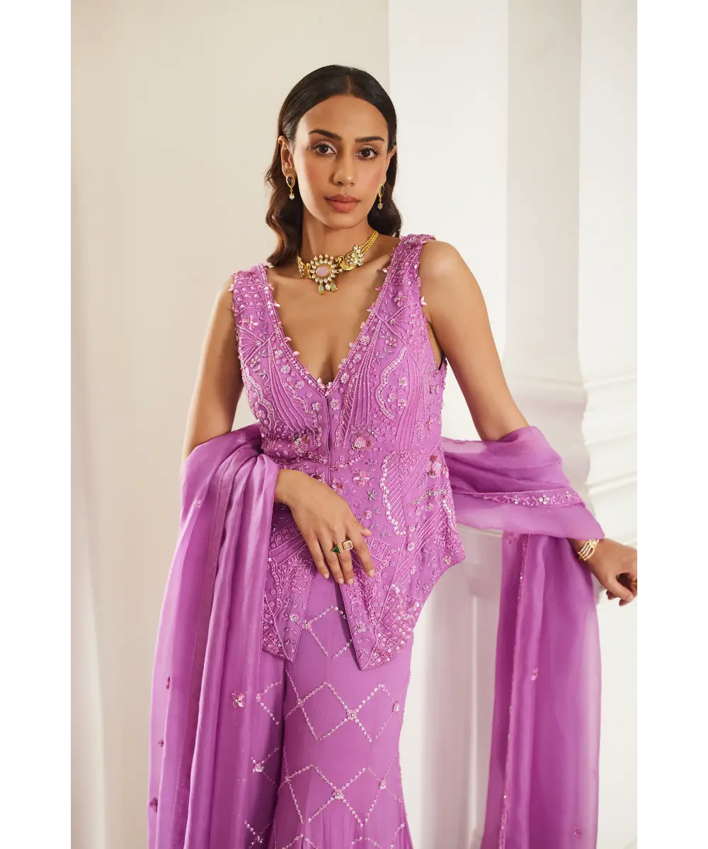 SANYA GULATI- Bubblegum Pink Tonal  Peplum Sharara