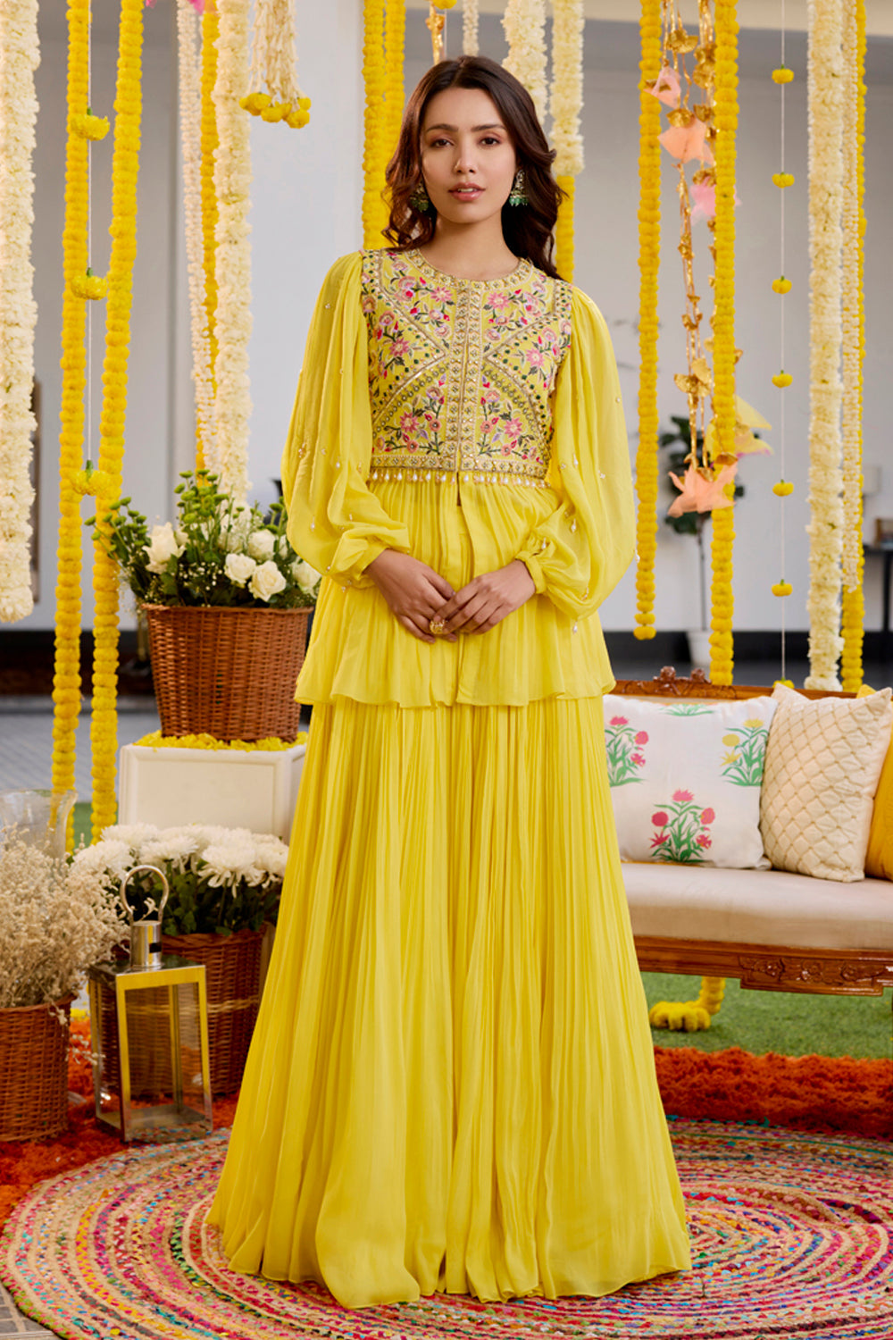 Sanya Gulati - Sunshine Yellow Gathers Peplum With Skirt Set from Kia & Kyara