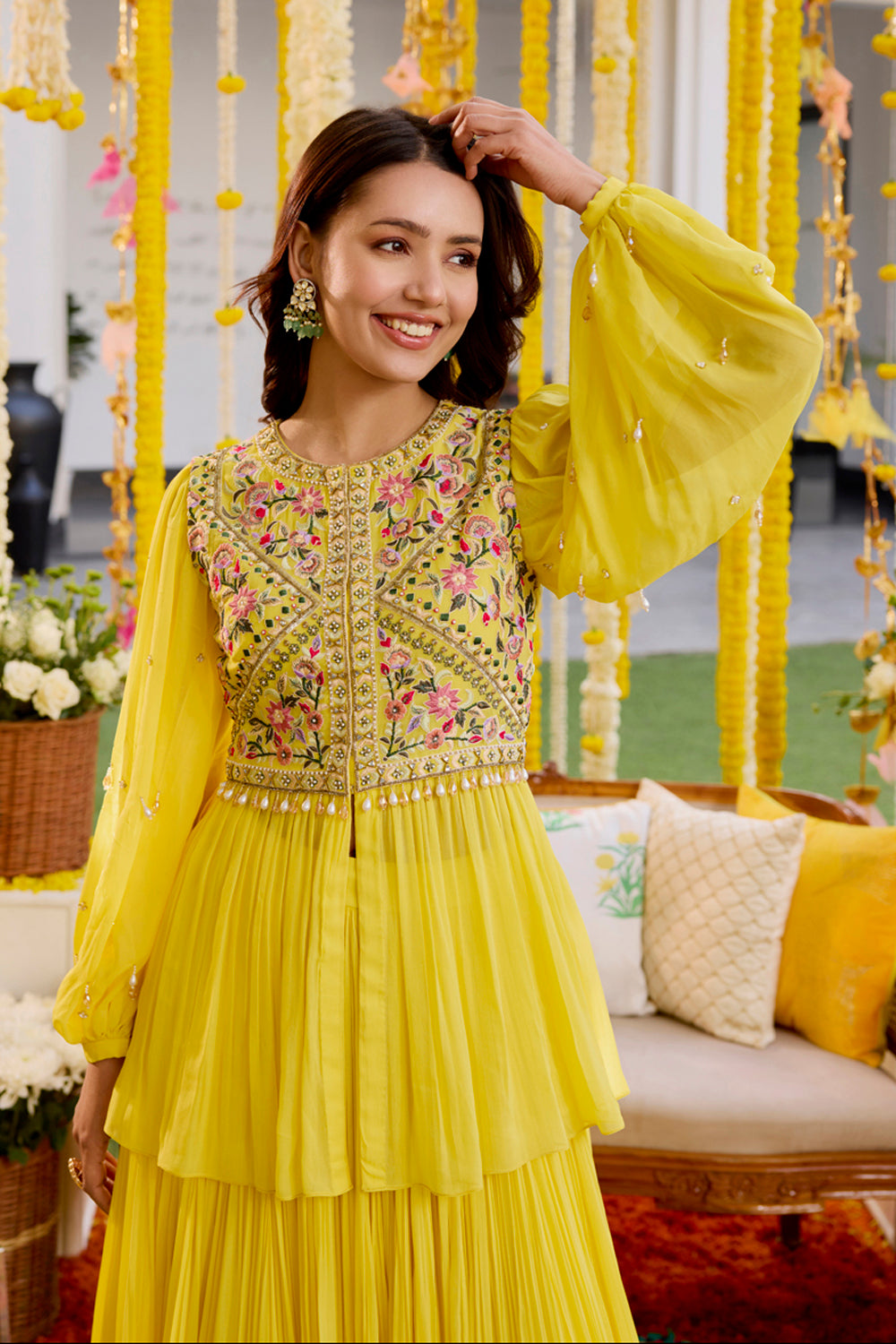 Sanya Gulati - Sunshine Yellow Gathers Peplum With Skirt Set from Kia & Kyara