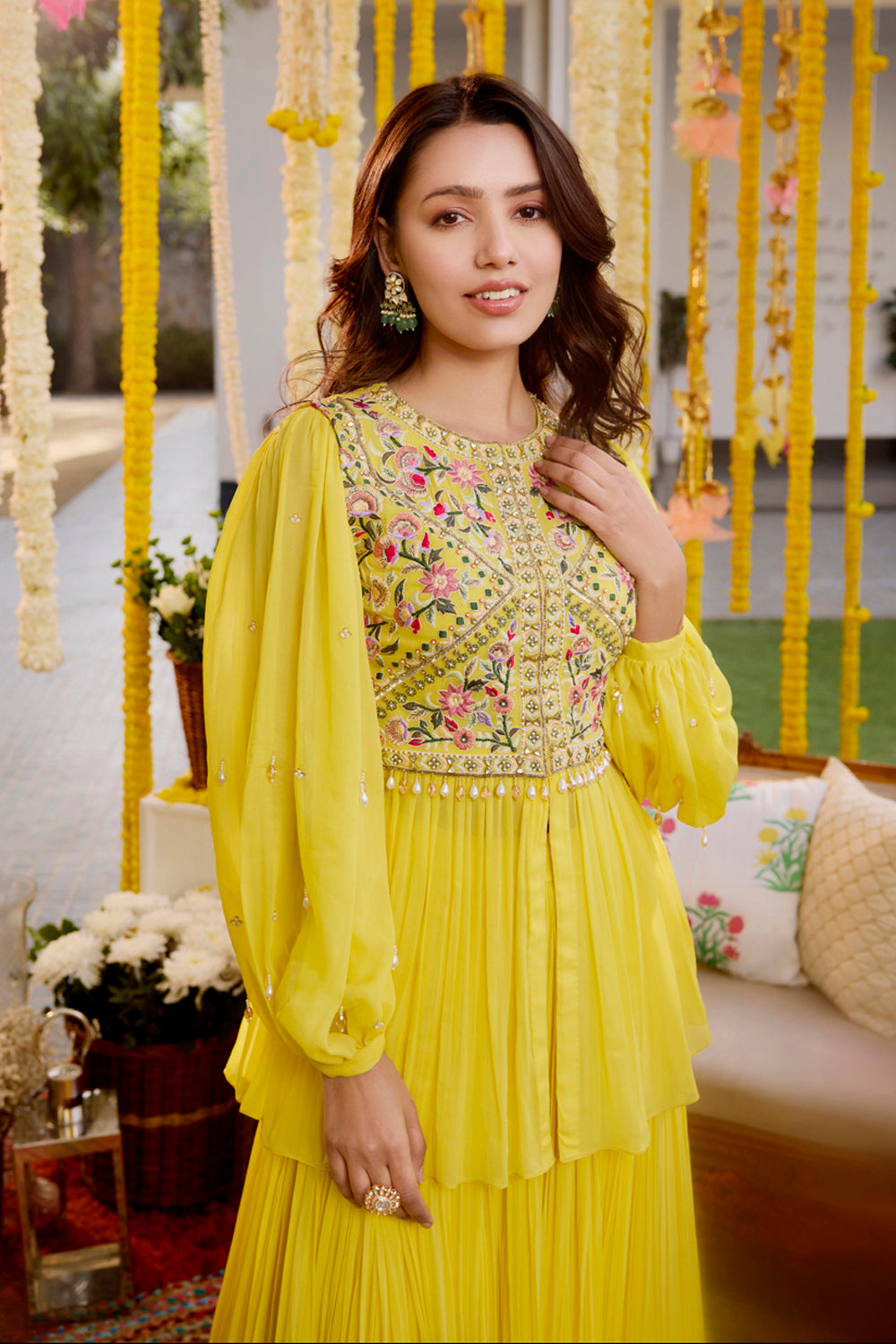 Sanya Gulati - Sunshine Yellow Gathers Peplum With Skirt Set from Kia & Kyara