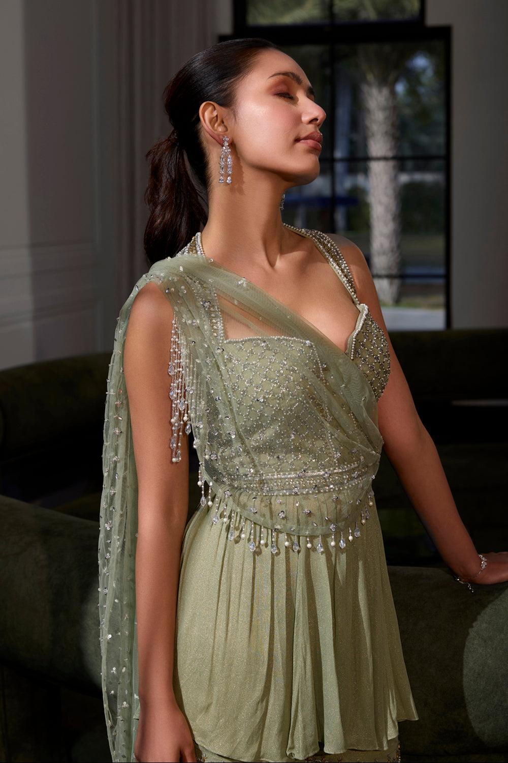 Sanya Gulati - Sage Green Peplum With Drape Set from Kia & Kyara