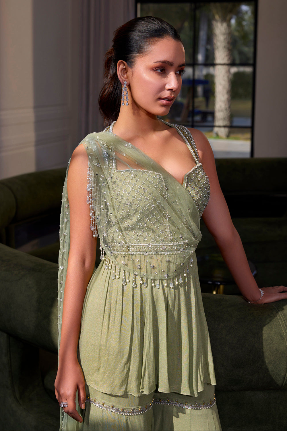 Sanya Gulati - Sage Green Peplum With Drape Set from Kia & Kyara