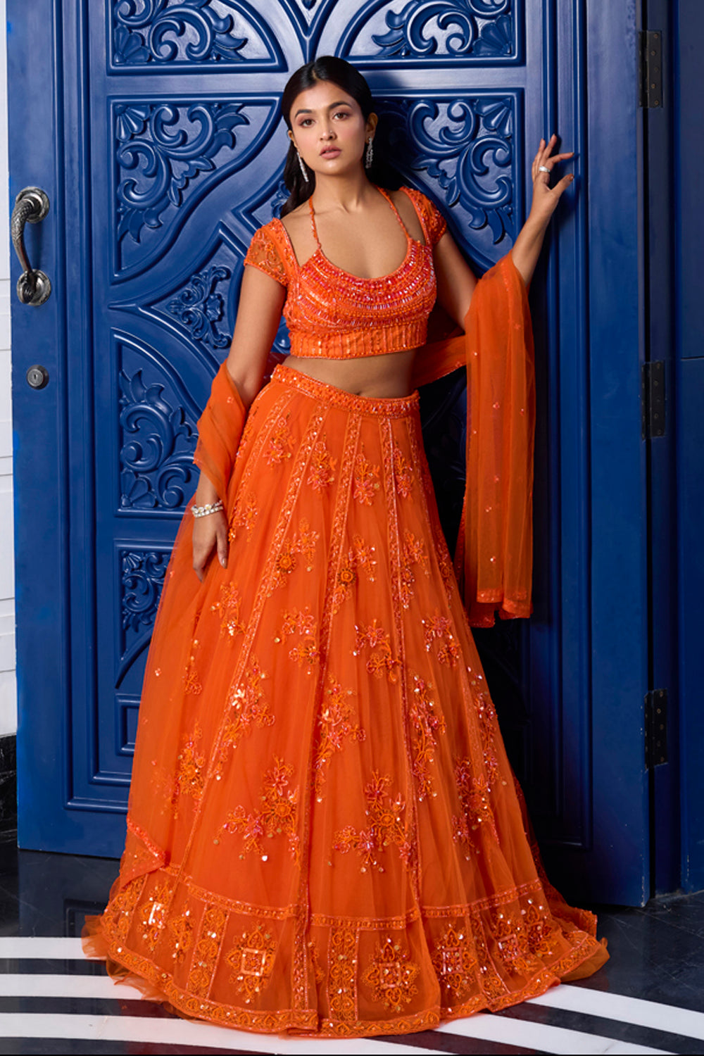 Sanya Gulati - Orange Tonal Embroidered Lehenga Set from Kia & Kyara