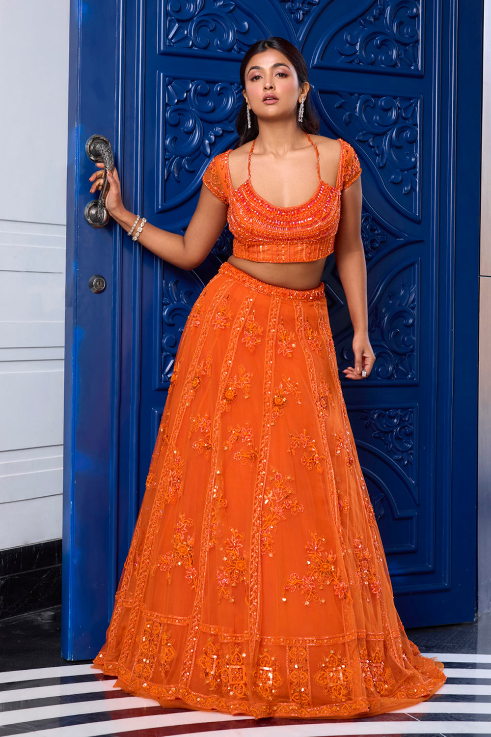 Sanya Gulati - Orange Tonal Embroidered Lehenga Set from Kia & Kyara