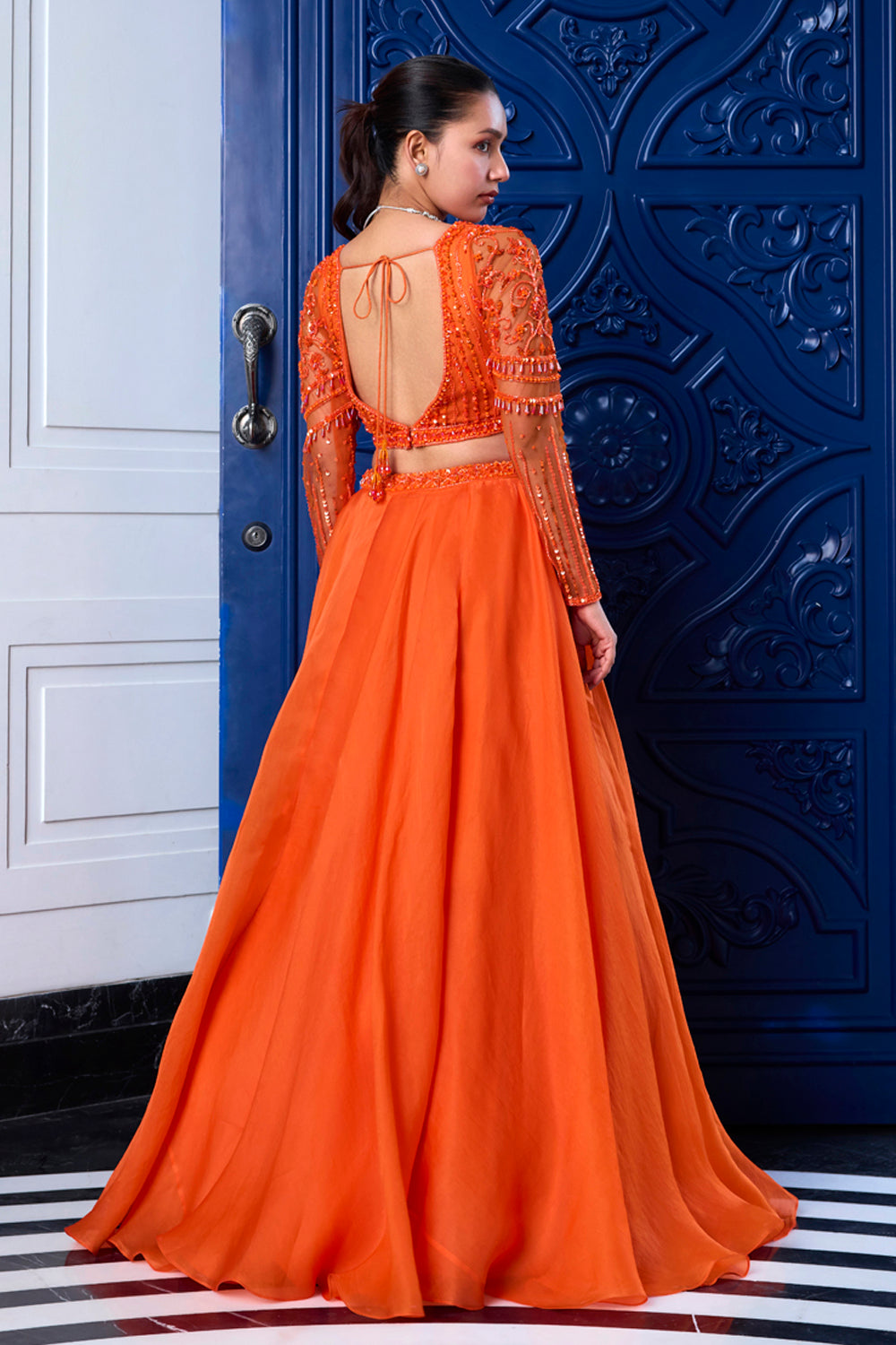 Sanya Gulati - Orange Tonal Blouse and Organza Skirt Set from Kia & Kyara