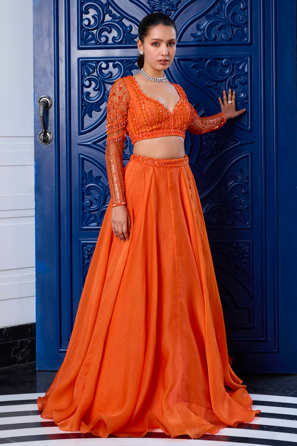 Sanya Gulati - Orange Tonal Blouse and Organza Skirt Set from Kia & Kyara