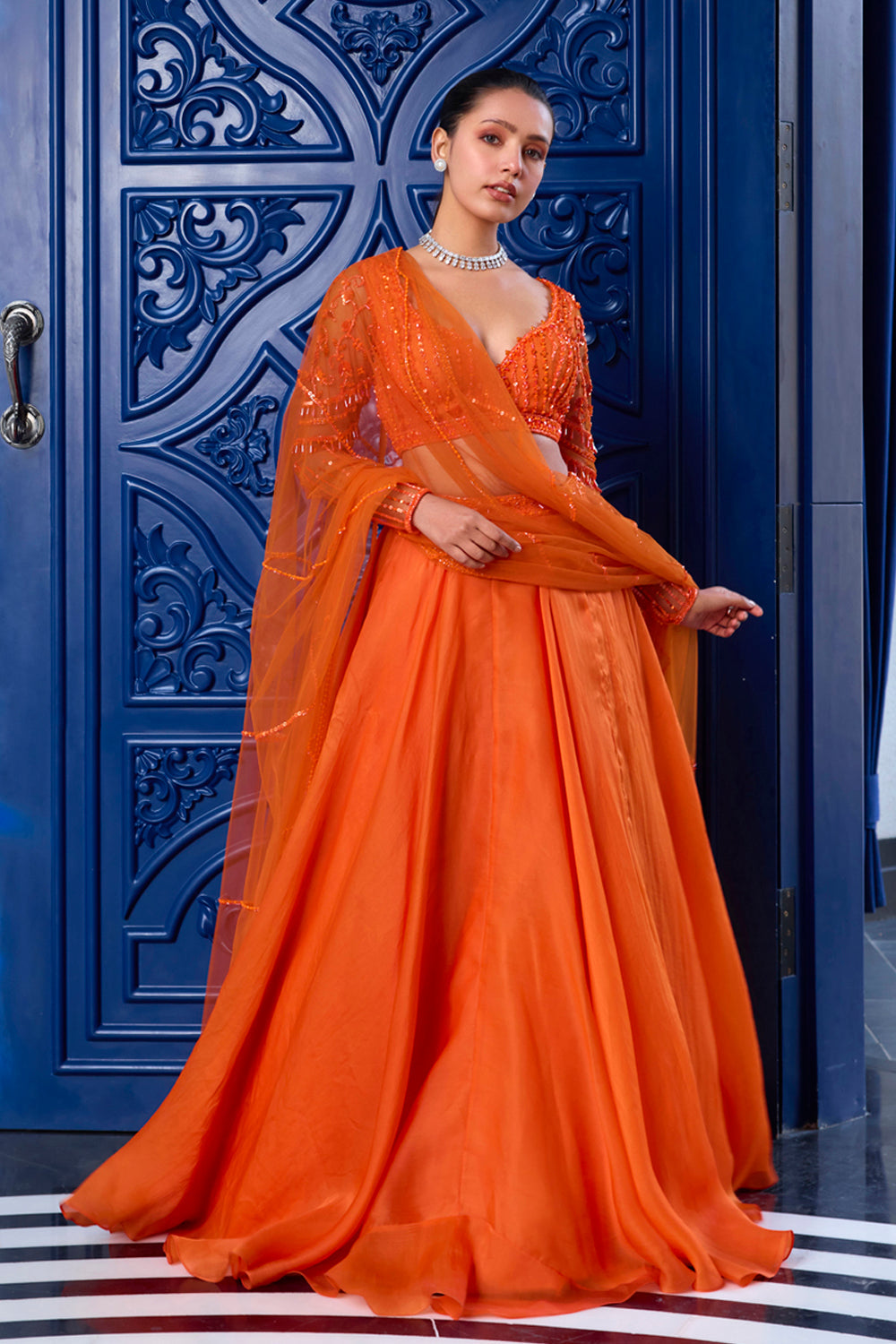 Sanya Gulati - Orange Tonal Blouse and Organza Skirt Set from Kia & Kyara