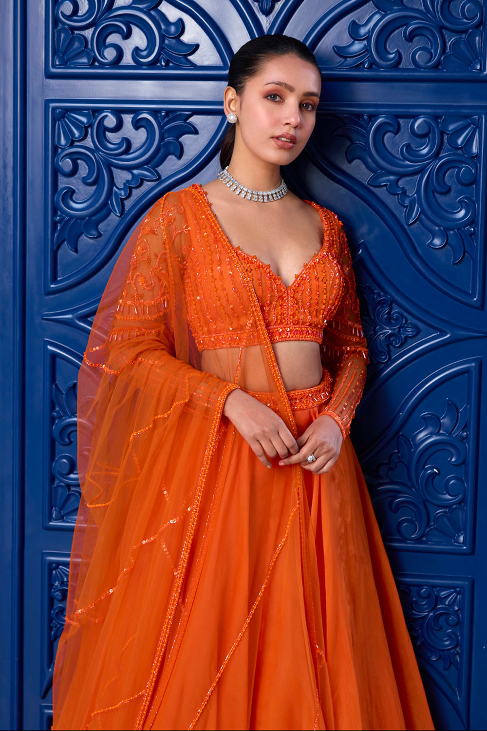 Sanya Gulati - Orange Tonal Blouse and Organza Skirt Set from Kia & Kyara