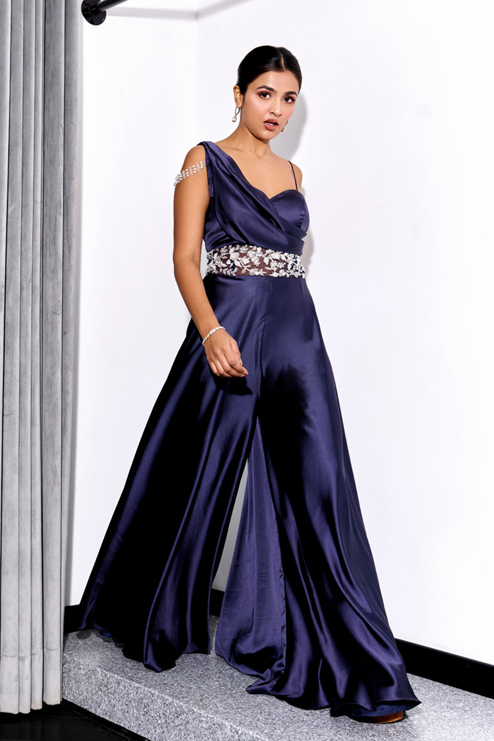Sanya Gulati - Midnight Blue Drape Jumpsuit from Kia & Kyara