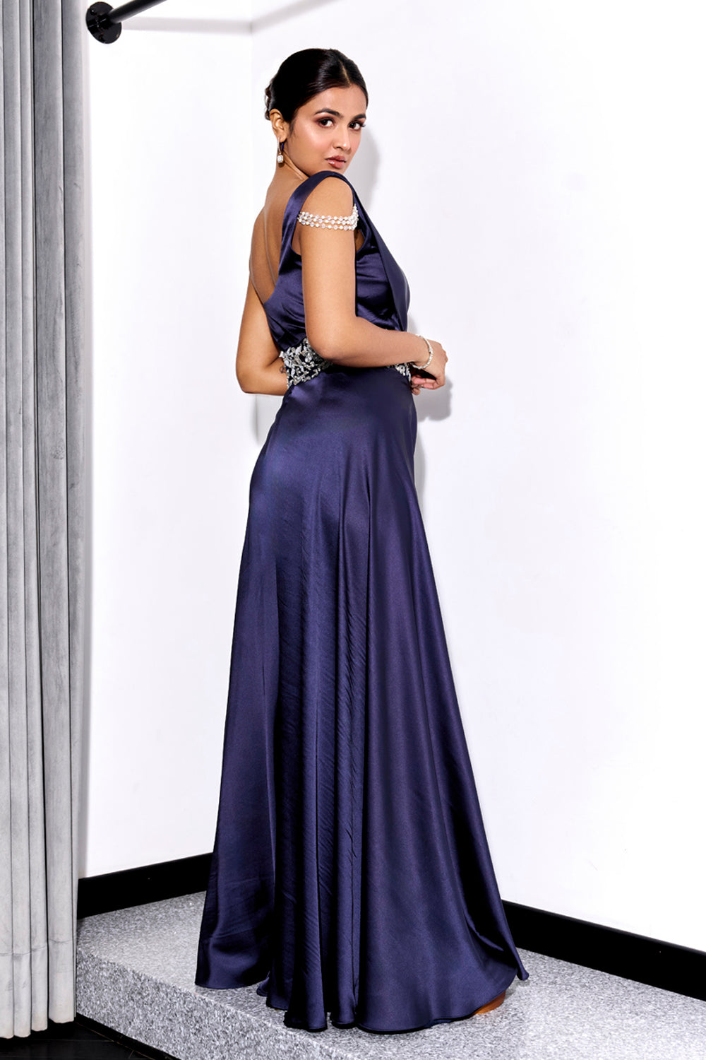 Sanya Gulati - Midnight Blue Drape Jumpsuit from Kia & Kyara