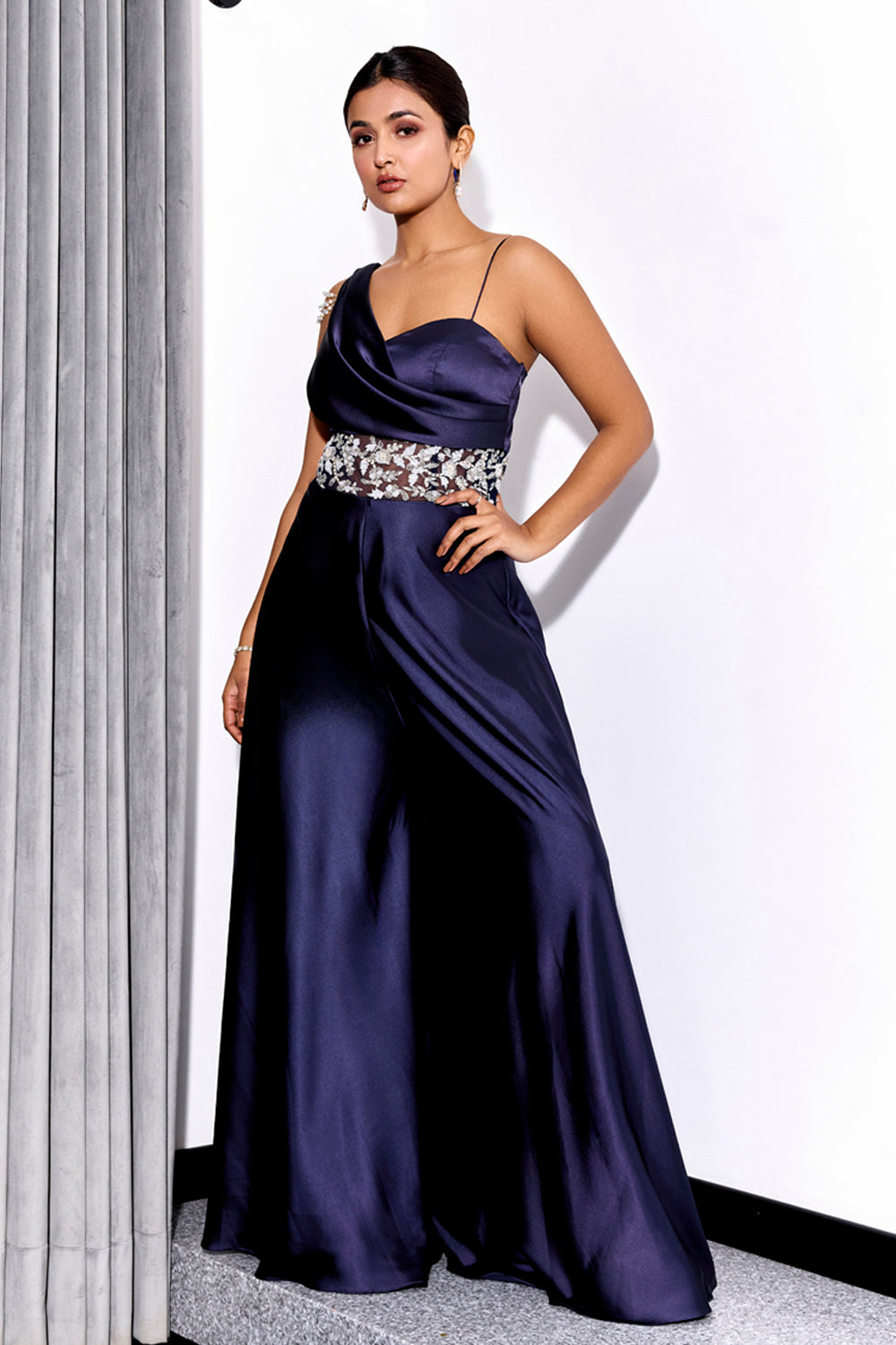 Sanya Gulati - Midnight Blue Drape Jumpsuit from Kia & Kyara
