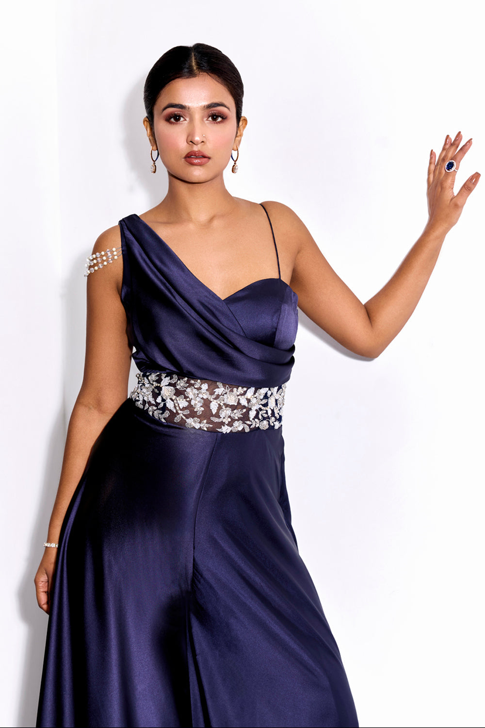 Sanya Gulati - Midnight Blue Drape Jumpsuit from Kia & Kyara