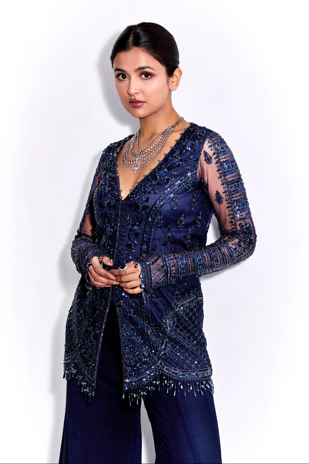 Sanya Gulati - Midnight Blue Tonal Embroidered Kurta and Pants Set from Kia & Kyara