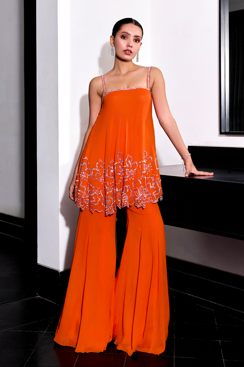 Sanya Gulati - Orange Floral Embroidery Top and Pants Set from Kia & Kyara
