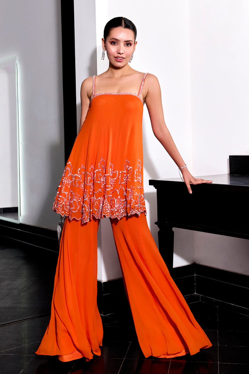 Sanya Gulati - Orange Floral Embroidery Top and Pants Set from Kia & Kyara