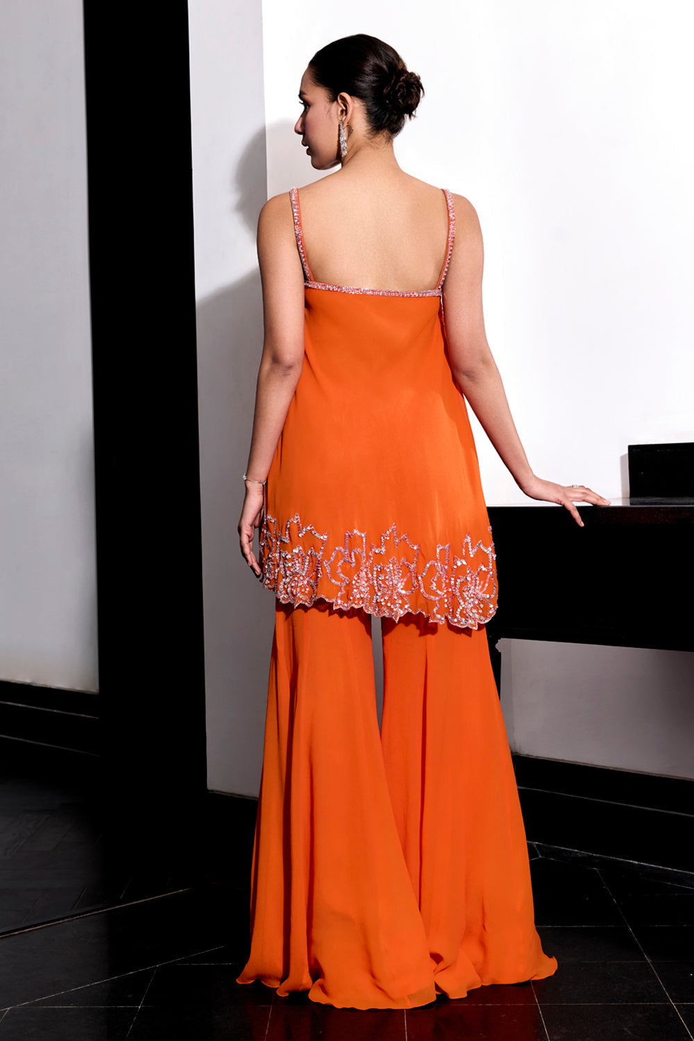 Sanya Gulati - Orange Floral Embroidery Top and Pants Set from Kia & Kyara