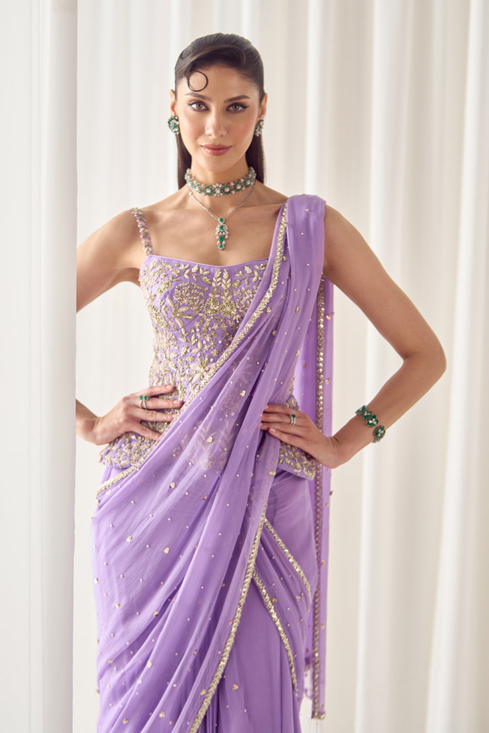 Sanya Gulati - Lavender Pre Stitched Saree With Corset from Jawaani Janeman