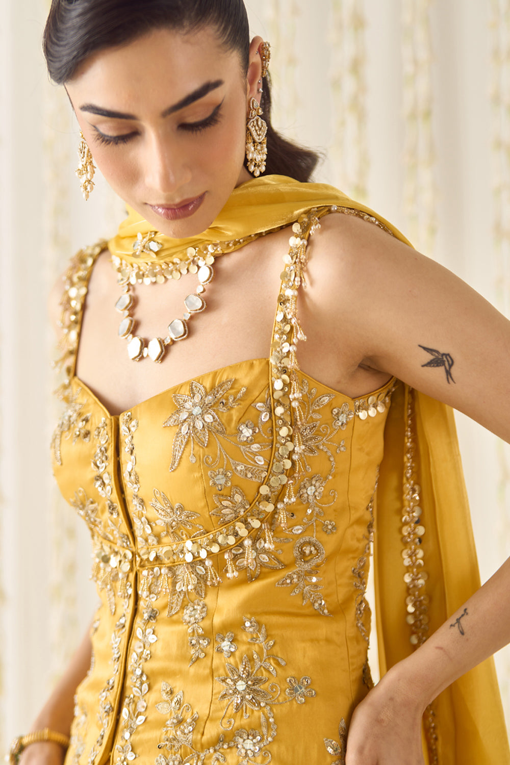 Sanya Gulati - Mustard Peplum and Lehenga Set from Jawaani Janeman