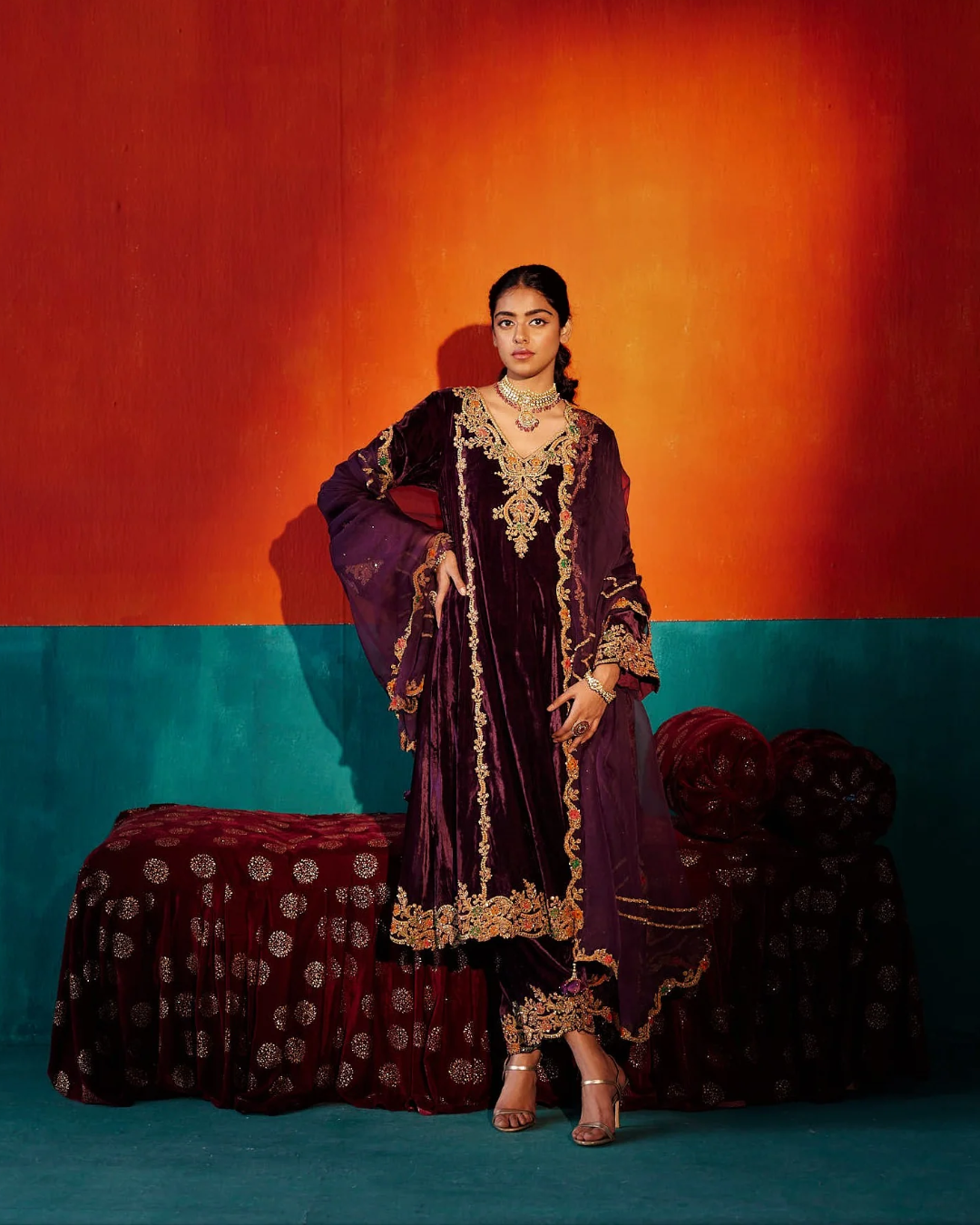 Aman Takyar - Wine Velvet Kurta Set From Kasmira