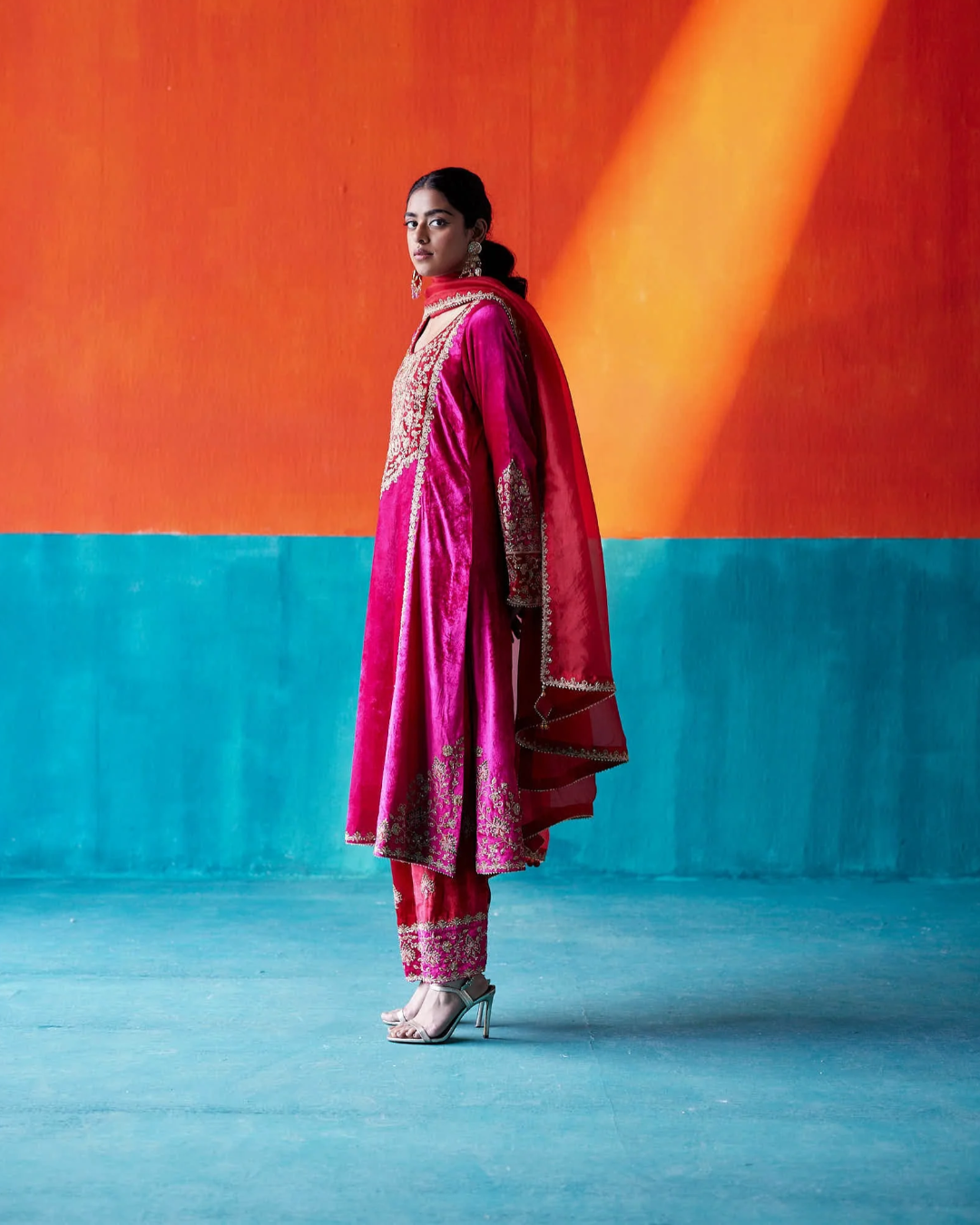 Aman Takyar - Fuchsia Pink Velvet Kurta Set From Kasmira
