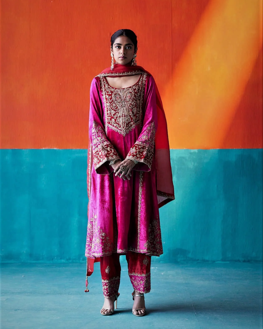 Aman Takyar - Fuchsia Pink Velvet Kurta Set From Kasmira