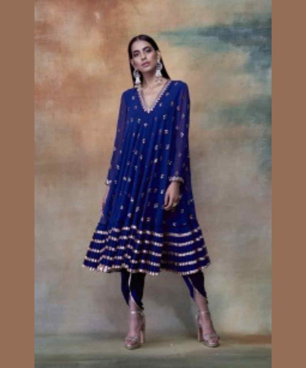 Midnight blue A- line gota frill kurta and dhoti set