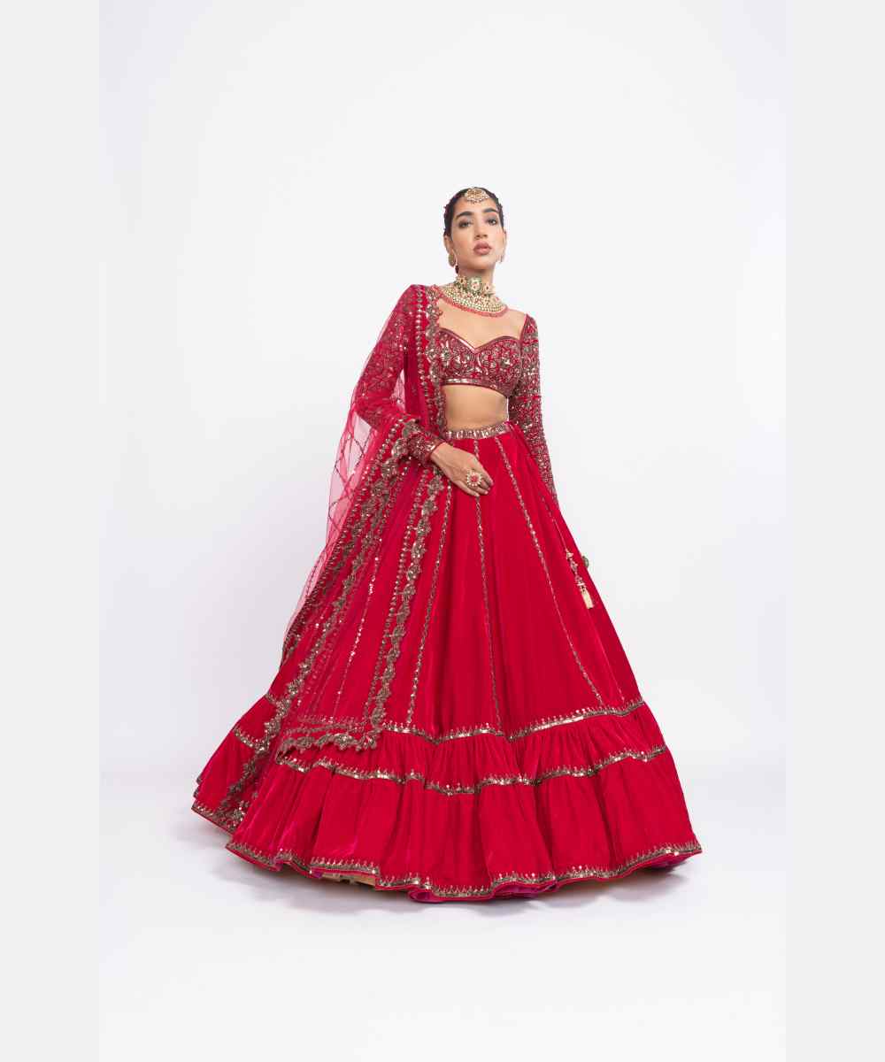 Red double tier lehenga set