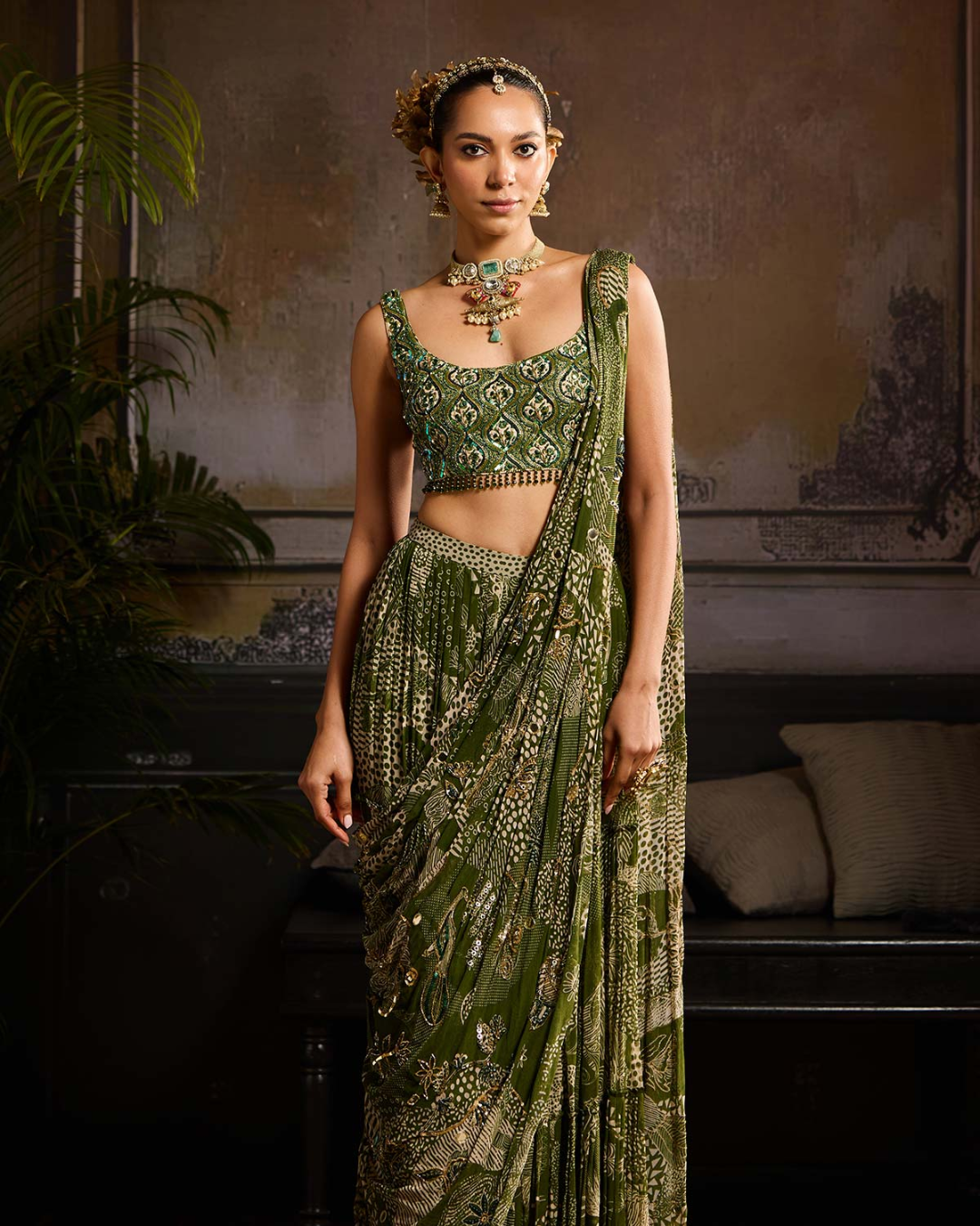 Diya Rajvvir - Sage Green Print and Highlighted Skirt Saree Set