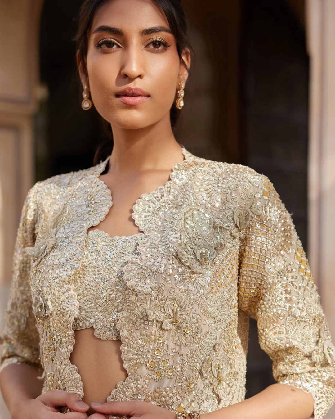 Osaa By Adarsh - Beige Champagne Embroidered Open Jacket Set From Rasm