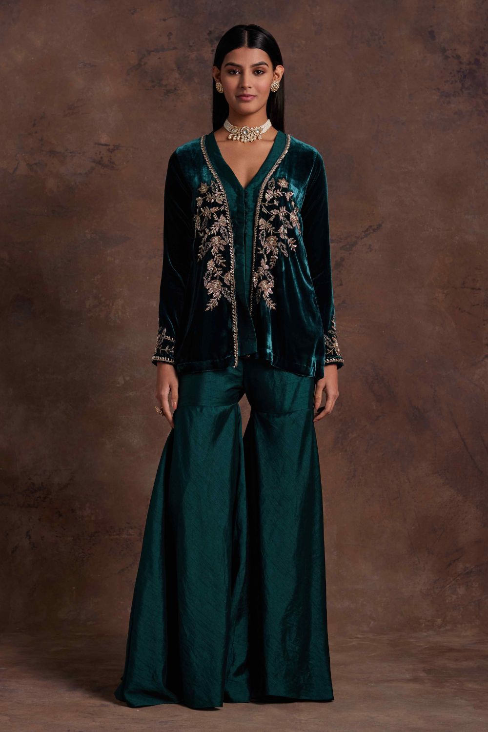 Sanya Gulati - Green Velvet Jacket With Silk Peplum and Sharara Set from Mahtab