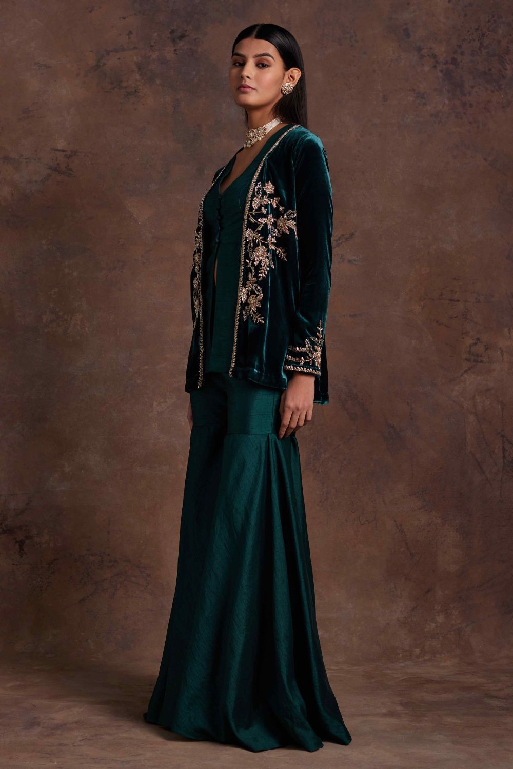 Sanya Gulati - Green Velvet Jacket With Silk Peplum and Sharara Set from Mahtab