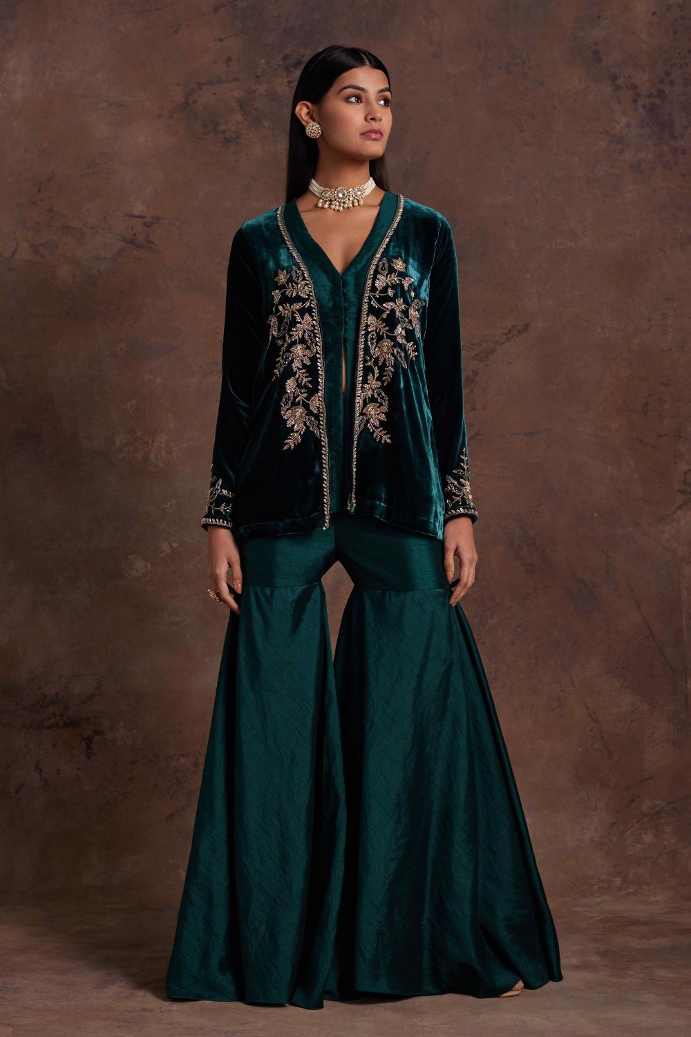 Sanya Gulati - Green Velvet Jacket With Silk Peplum and Sharara Set from Mahtab