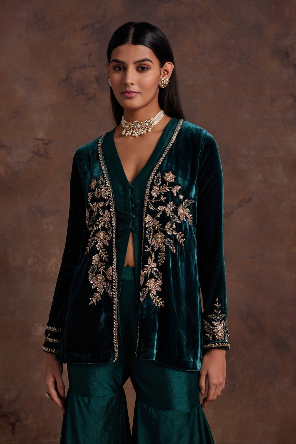 Sanya Gulati - Green Velvet Jacket With Silk Peplum and Sharara Set from Mahtab