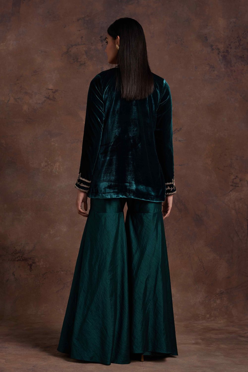 Sanya Gulati - Green Velvet Jacket With Silk Peplum and Sharara Set from Mahtab