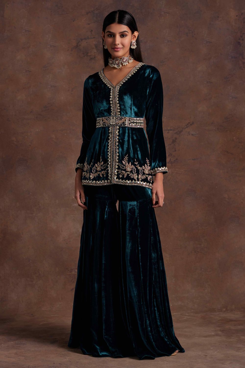 Sanya Gulati - Green Velvet Peplum With Belt and Sharara Set from Mahtab