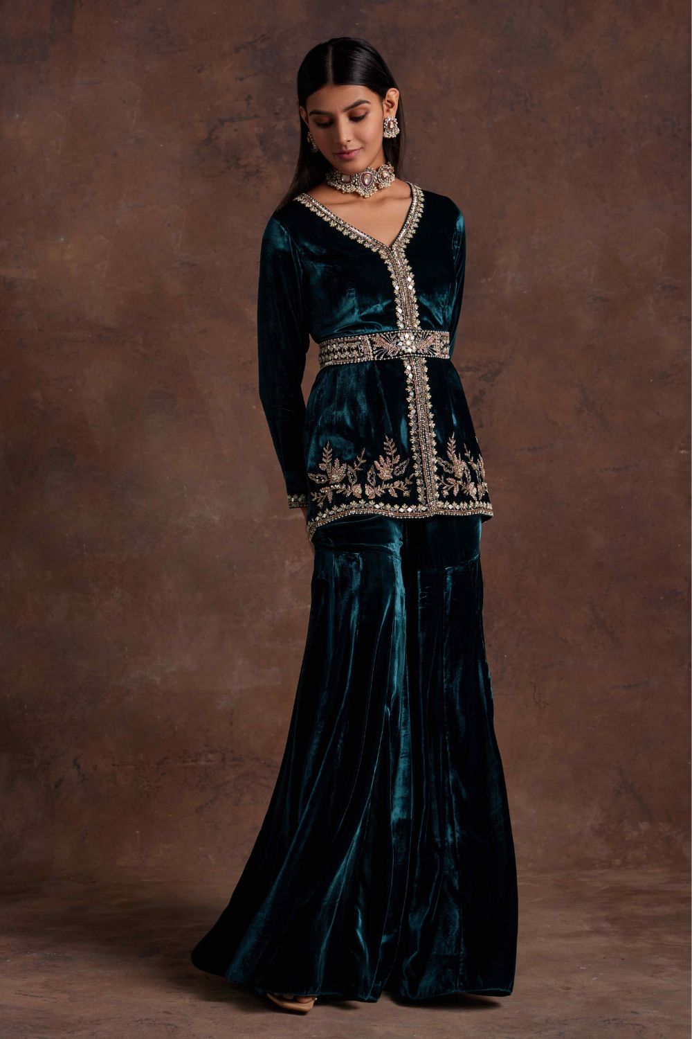 Sanya Gulati - Green Velvet Peplum With Belt and Sharara Set from Mahtab