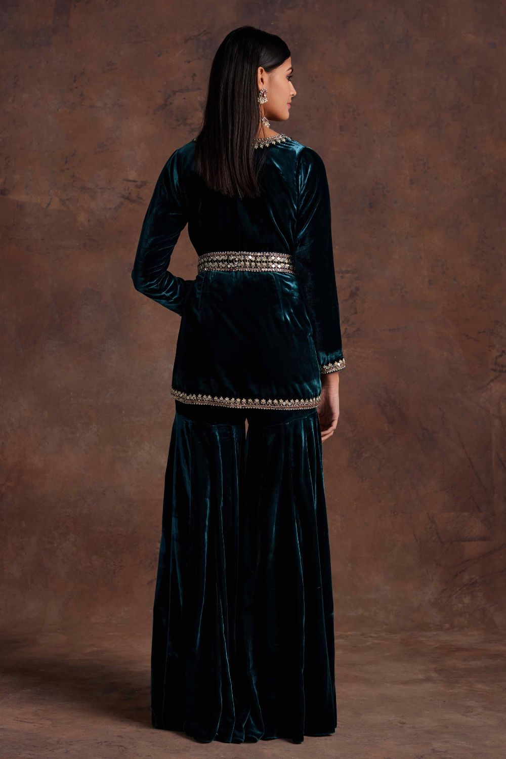 Sanya Gulati - Green Velvet Peplum With Belt and Sharara Set from Mahtab