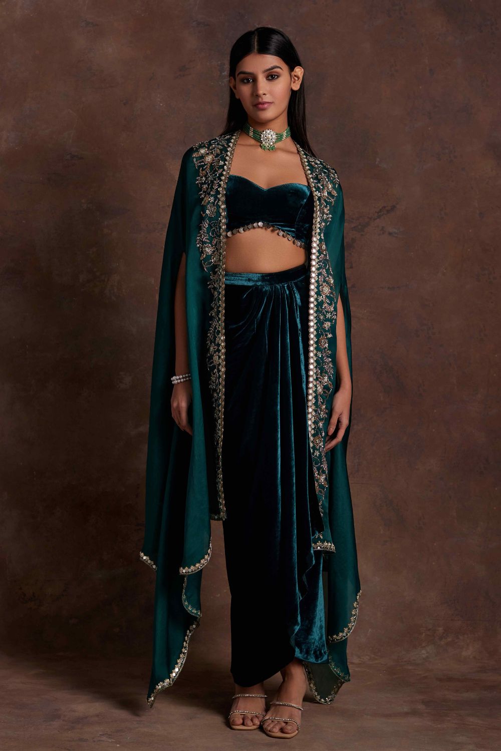 Sanya Gulati - Green Velvet Drape Skirt Bustier and Organza Cape Set from Mahtab