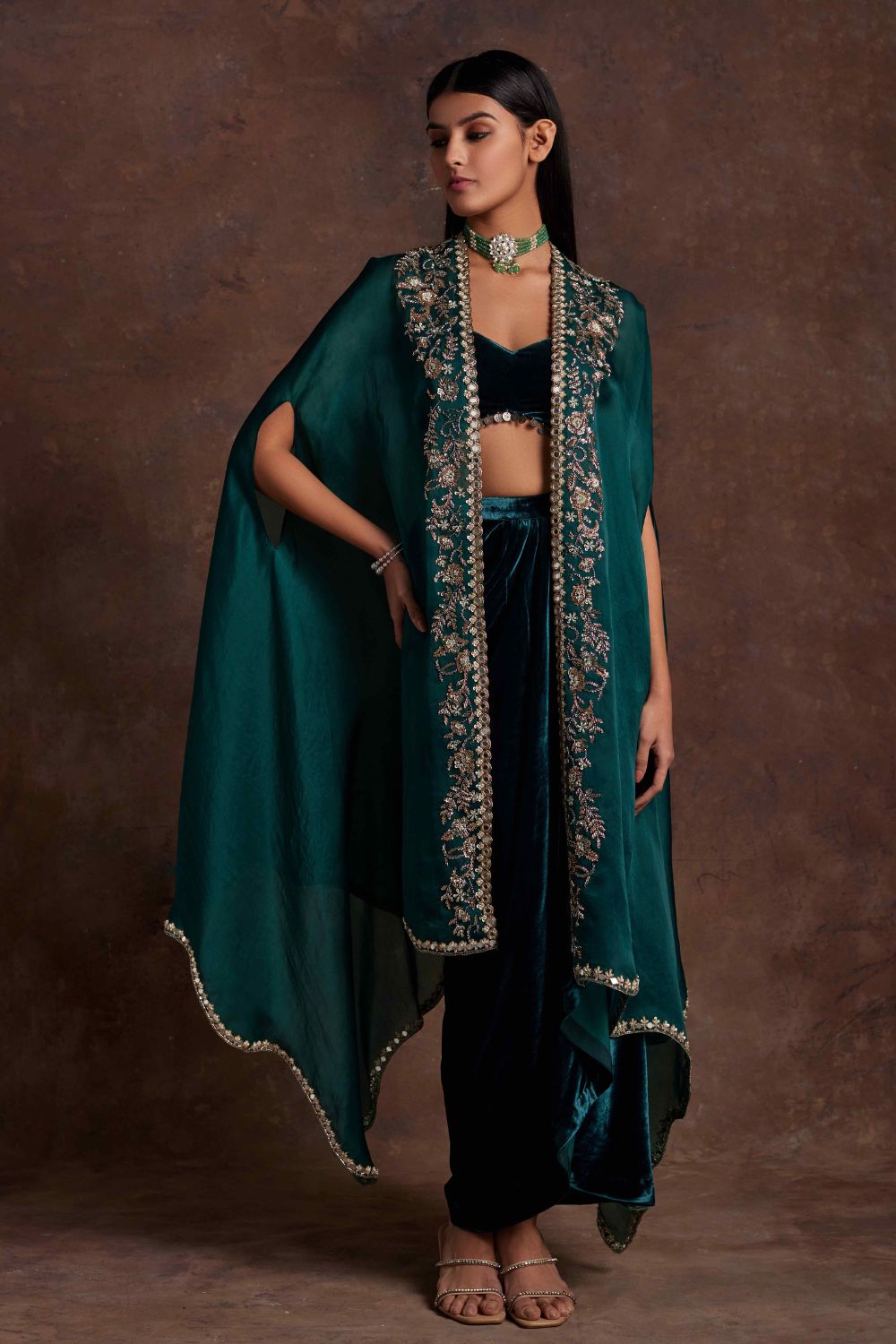 Sanya Gulati - Green Velvet Drape Skirt Bustier and Organza Cape Set from Mahtab