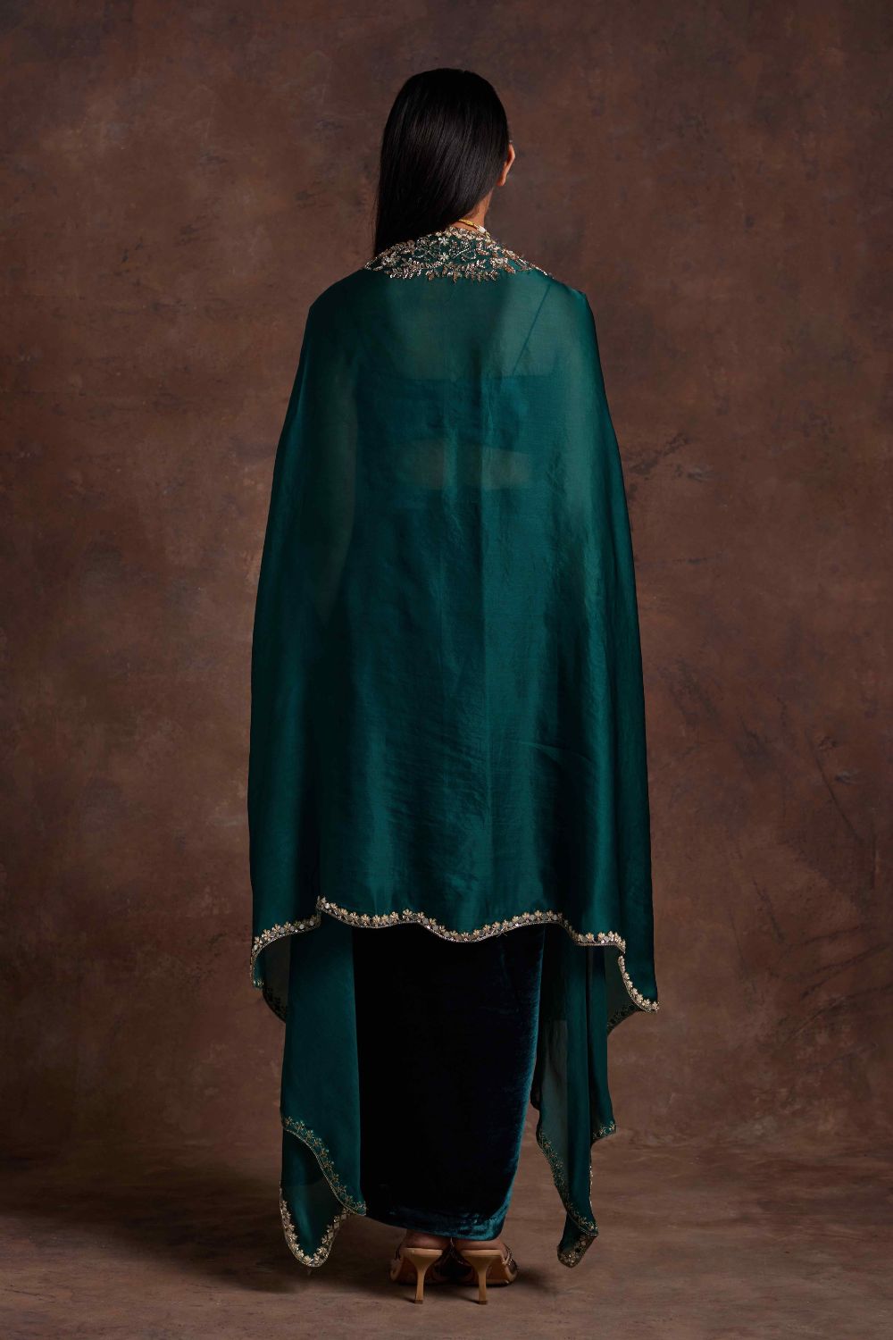 Sanya Gulati - Green Velvet Drape Skirt Bustier and Organza Cape Set from Mahtab