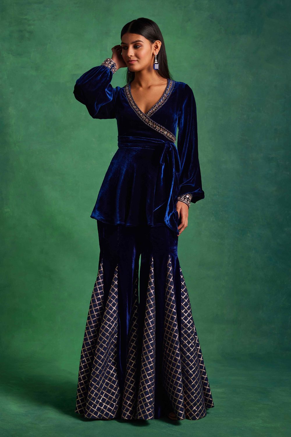 Sanya Gulati - Blue Velvet Peplum and Godet Pants Set from Mahtab