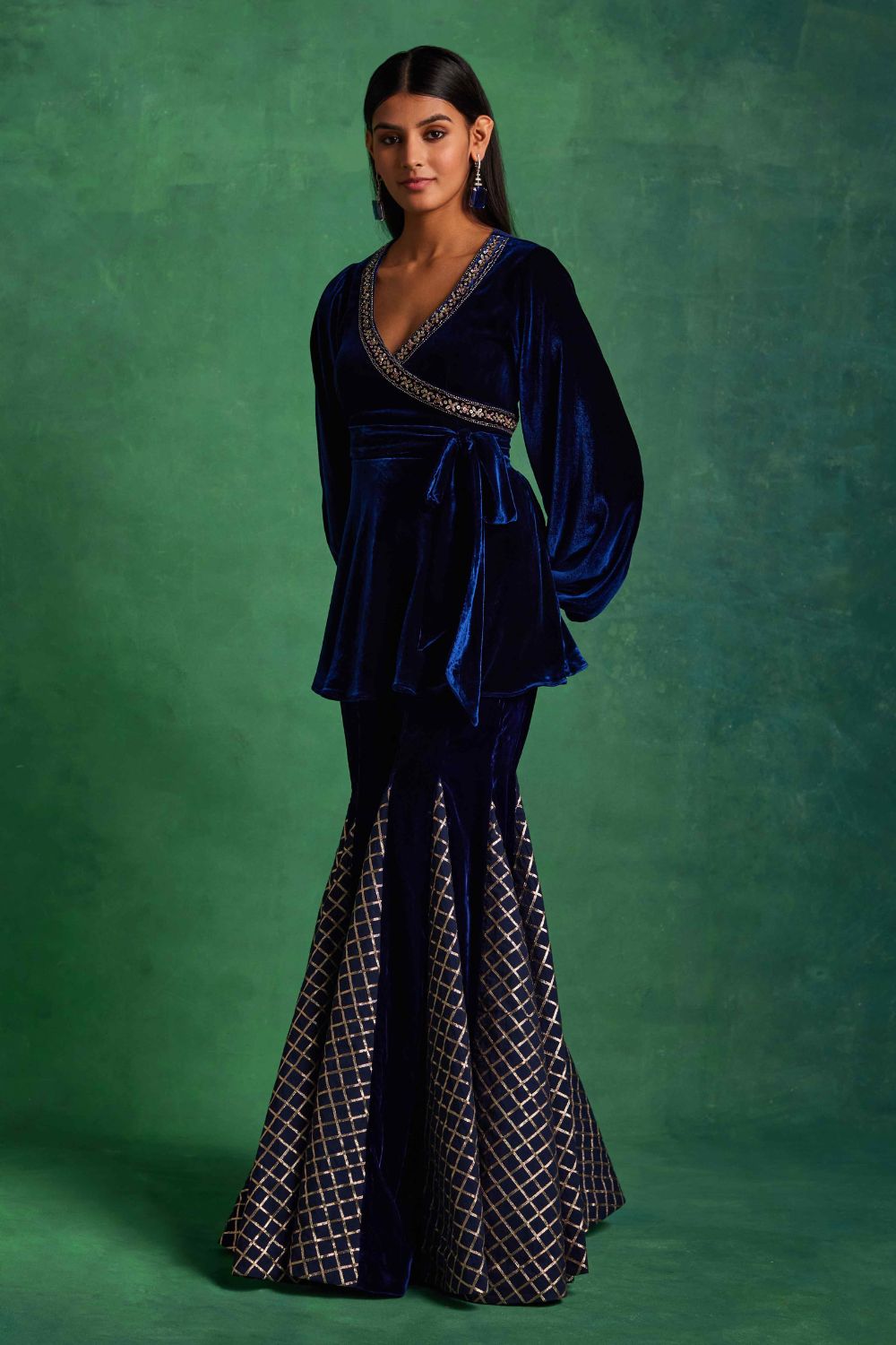 Sanya Gulati - Blue Velvet Peplum and Godet Pants Set from Mahtab