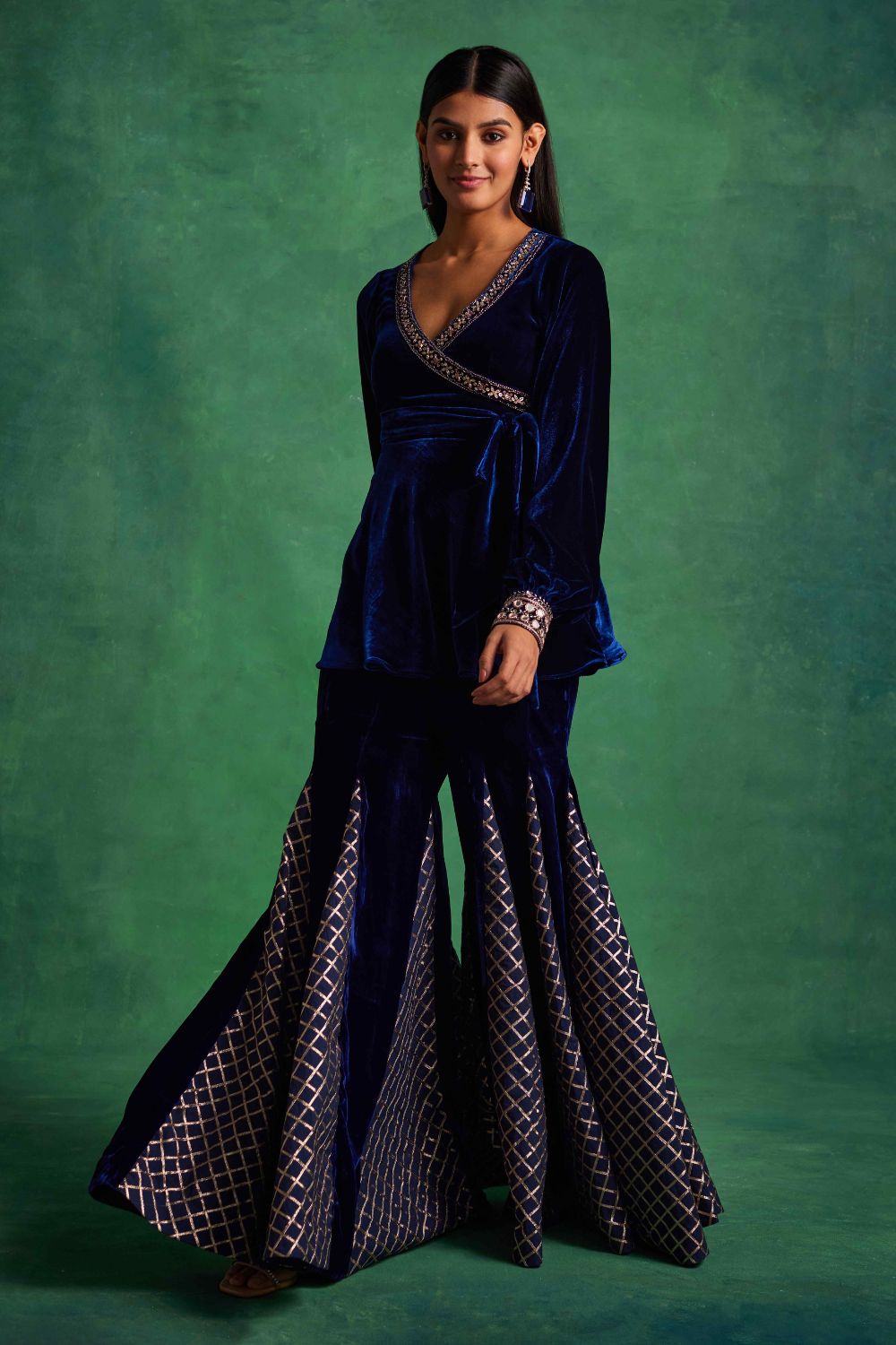 Sanya Gulati - Blue Velvet Peplum and Godet Pants Set from Mahtab